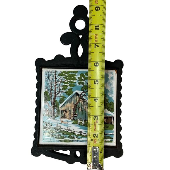 Vintage Currier and Ives Kitchen Cast Iron Tile Trivet "The Old Homestead" Japan - Picture 2 of 14